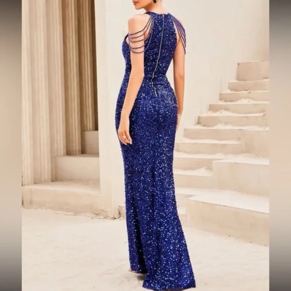 Luxe Sequin Rhinestone Halter Formal Black Tie Wedding Dress - Picture 13 of 16